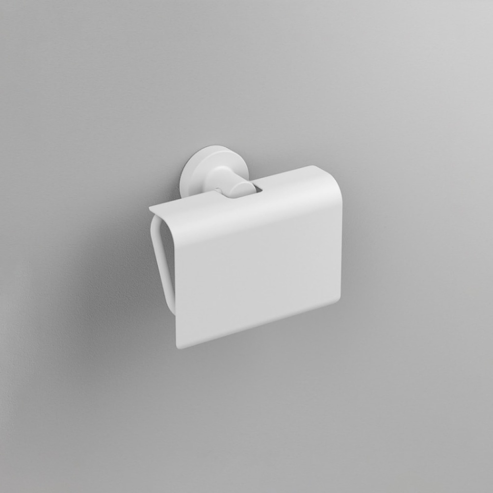 Close up product image of the Origins Living Tecno Project White Toilet Roll Holder with Flap